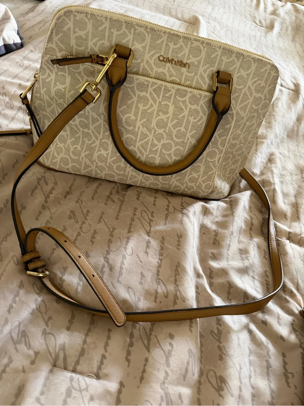 Calvin Klein Cream Logo Satchel with Brown Trim and Gold Hardware